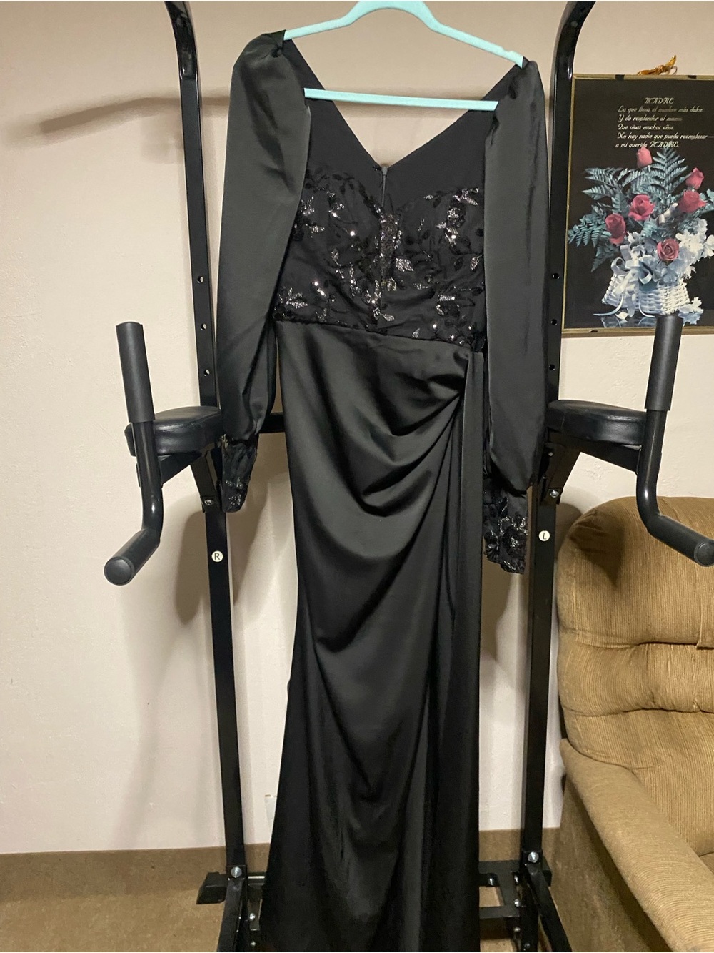 SHEIN Black Long Sleeve Sequin Bodice Evening Gown